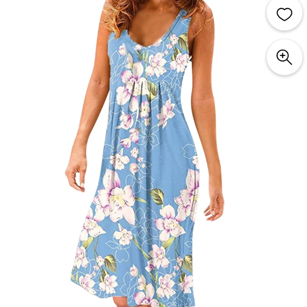 Sundress, Size XL. Light Blue with Pink Tropical Floral Print, Cotton Blend, New